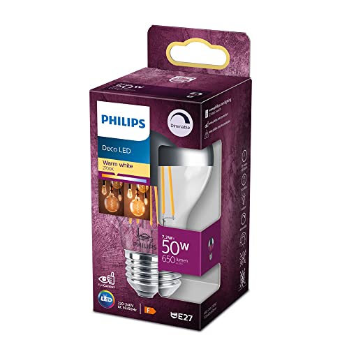 Philips LED Lampadina a Filamento Goccia, 7.2W, Attacco E27, Luce Bianca Calda, Dimmerabile
