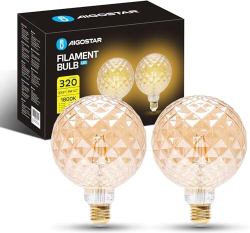 Aigostar Lampadina LED E27 4W, Luce Calda 1800K, 320 Lumen, Decorativa: Ananas Sfaccettato, Lampadina Vintage Tipo Edison Con Filamento, Colore Ambrato, Non dimmerabile, Confezione da 2 Pezzi