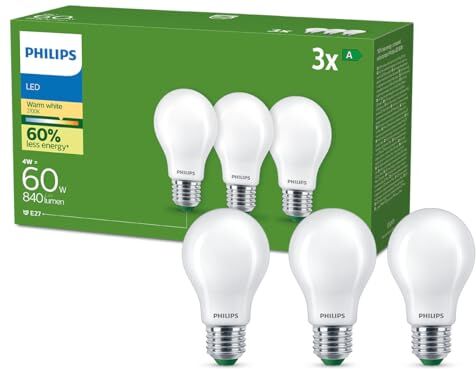 Philips LED Lampadina Goccia Smerigliata Classe A Ultra Efficiente, 3 Pezzi, 60W, E27, Luce Bianca Calda