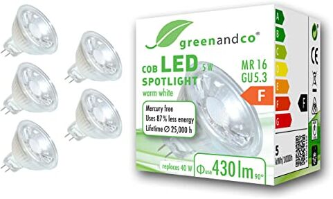 greenandco 5x Faretto a LED MR16 GU5.3, 5W 430lm 3000K (bianco caldo) COB LED 38° 12V AC/DC, non dimmerabile