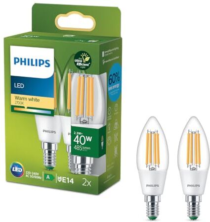 Philips LED Lampadina a Candela Classe A Ultra Efficent, 2 Pezzi, 40W, E14, Luce Bianca Calda