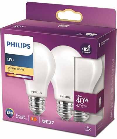 Philips LED Lampadina Goccia, 2 pz, 4.5W, Attacco E27, Luce Bianca Calda