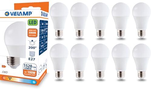 Velamp Lampadina LED E27 Goccia, 15W (Equivalenti 100W), Luce Calda 3000K RA80, Luminosa 1521 lumen, copertura opale A60, Attacco edison, Risparmio Energetico, Nessuno Sfarfallio, Pacco da 10