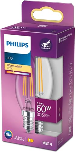 Philips LED Lampadina a Filamento Candela, Equivalente a 60W, E14, Luce Bianca Calda, Non Dimmerabile