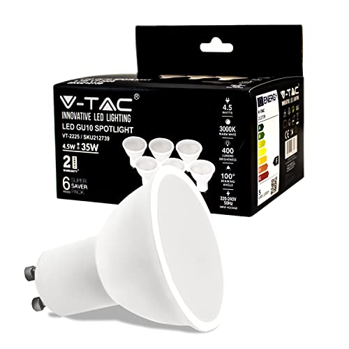 V-TAC Lampadine LED GU10-4,5W 400 Lumen Alta Luminosità Faretto Led GU10 per Massima Efficienza e Risparmio Energetico Lampadine 3000K Luce Calda (Box 6 pezzi)