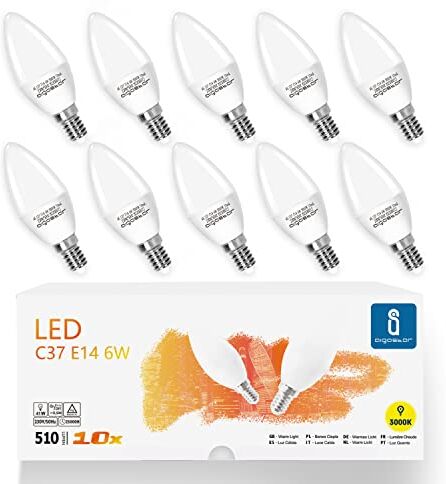 Aigostar Lampadine LED E14 6W Equivalenti a 42W, C37 Lampadina a Candelabro, Luce Bianca Calda 3000K, 510 Lumen, Confezione da 10