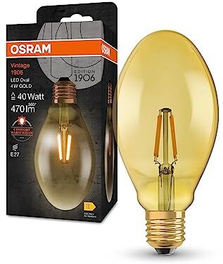 OSRAM Lampada LED Vintage 1906 Classic Oval FIL, E27, ovale, oro, 4W, 400lm, 2400K, luce bianca molto calda, filamento magnetico, basso consumo energetico, lunga durata