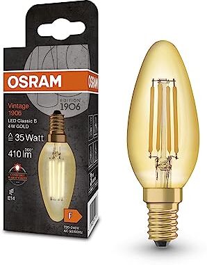 OSRAM Lampada LED Vintage 1906 Classic B FIL, E14, candela, oro, 4W, 410lm, 2400K, luce bianca molto calda, filamento magnetico, basso consumo energetico, lunga durata