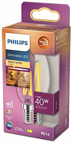 Philips LED Lampadina Candle & Lustre, Oliva, Filamento, WarmGlow, 3.4-40W, Dimmerabile, E14, 1 pezzo