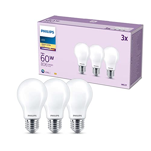 Philips LED, Lampadina LED, Luce Bianca Calda, 60W, E27, 3 Pezzi