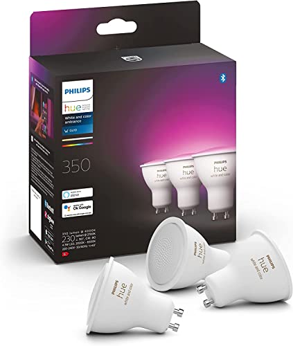 Philips White and Color Ambiance Faretti Smart Led, Luce Bianca e Colorata, Bluetooth, Dimmerabili, GU10, 4W, 3 Pezzi