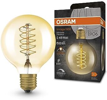 OSRAM Lampada a LED Vintage 1906 tinta dorata, 7W, 600 libbre, forma a sfera presa da 80 mm di diametro e E27, bianca calda, filamento a spirale, dimmerabile, fino a 15.000 ore di durata della vita