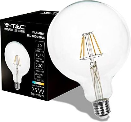 V-TAC Lampadina LED Filamento Globo con Chip Samsung e Attacco E27-10W (Equivalenti a 75W) G120-1055 Lumen G125 Lampadine LED Massima Efficienza e Risparmio Energetico 5500K Bianca Fredda