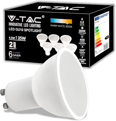 V-TAC 6x Lampadine LED GU10 4.5W (Equivalenti a 35W) 400 Lumen Alta Luminosità Faretto Led GU10 Massima Efficienza e Risparmio Energetico Luce Bianco Caldo, 3000K Box 6 Pezzi