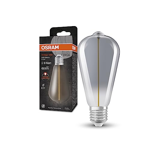 OSRAM Lampada LED Vintage 1906 Classic Edison FIL, E27, fumé, 2.2W, 60lm, 1800K, luce bianca molto calda, filamento magnetico, basso consumo energetico, lunga durata