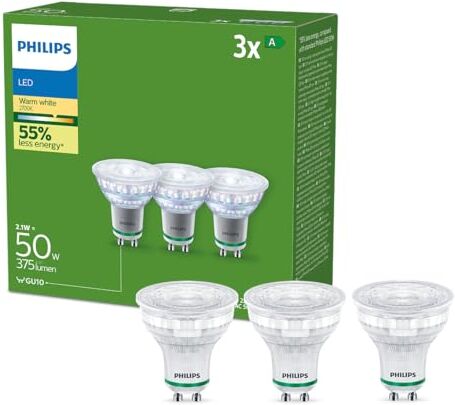 Philips LED Faretto Classe A Ultra Efficiente, 3 Pezzi, 50W, GU10, Luce Bianca Calda