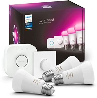 Philips White and Color Ambiance, Starter Kit con 3 Lampadine Smart, Dimmerabili, Bluetooth, E27, 9W, Hue Bridge e Telecomando Smart Button inclusi