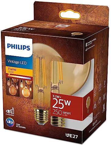 Philips LED Vintage Lampadina Globo a Filamento Gold, 25W, E27, Luce Bianca Calda, Non Dimmerabile