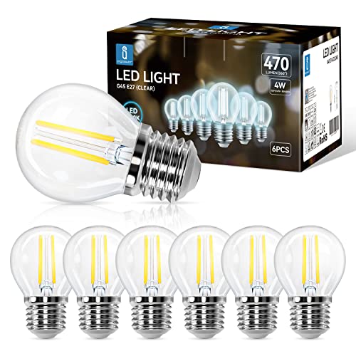 Aigostar Lampadina LED E27 a Filamento, Luce Fredda 6500K,470Lm,4W Equivalenti a 40W,G45 Stile Vintage, Non Dimmerabile, Pacco da 6 Pezzi