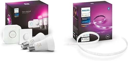 Philips White & Color Ambiance Starter Kit 2 Lampadine Smart, Attacco E27, 9W, Hue Bridge e Telecomando Smart Button inclusi White and Color Ambiance Lightstrip, Bluetooh