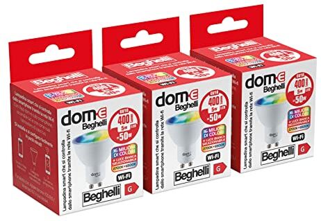 Beghelli Dom Lampadina LED Alexa Smart SPOT GU10 RGB-CCT WiFi, Lampada Compatibile con App, Facile Installazione Regolazione di Colori a Luce Calda e Luce Fredda, 3 pz