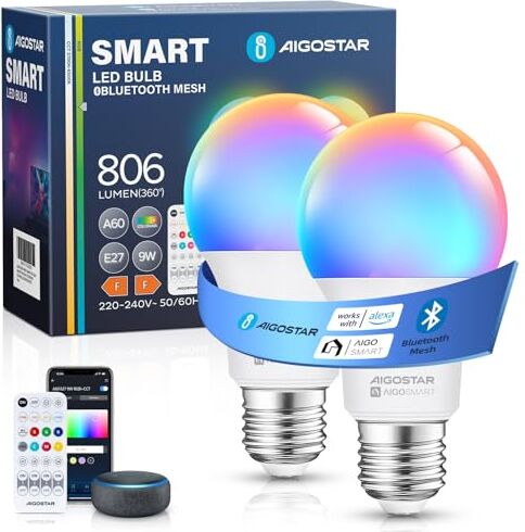 Aigostar Mesh 9W A60 Lampadine Alexa Bluetooth Mesh, Lampadina Smart Works with Alexa, Lampadina Alexa E27 LED 806LM RGB & 2700K-6500K, 2 Unità (Con Telecomando Bluetooth)