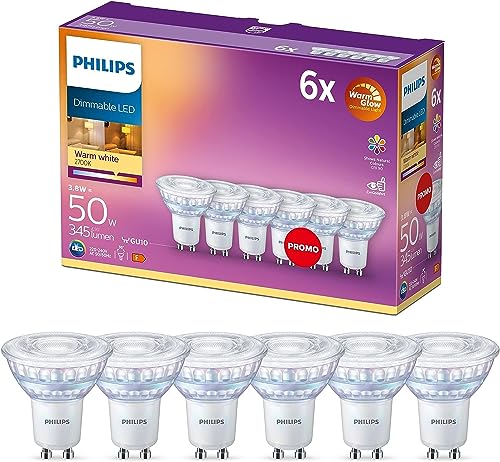 Philips LED Faretto 6 pz, Equivalente a 50W, Attacco GU10, Luce Bianca Calda, Dimmerabile