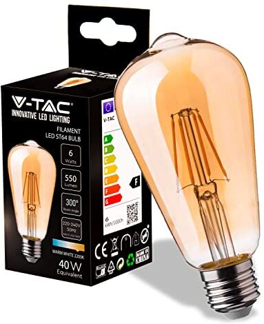 V-TAC Lampadina LED Filamento Ambrata ST64 con Attacco E27-6W (Equivalenti a 40W) 550 Lumen Lampadine Vintage Massima Efficienza e Risparmio Energetico 2200K Bianca Calda