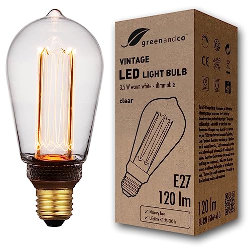 greenandco ® lampadina a LED dimmerabile di design vintage in stile retrò E27 ST64 3,5W 120lm 1800K 320° 230V, claro, nessun sfarfallio