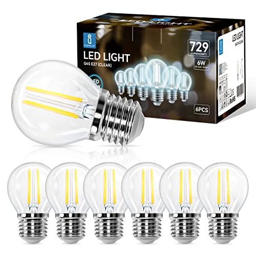 Aigostar Lampadina Filamento LED E27,Luce Fredda 6500K,729Lm,6W Equivalenti a 55W,G45 Stile Vintage, Non Dimmerabile, Pacco da 6 Pezzi