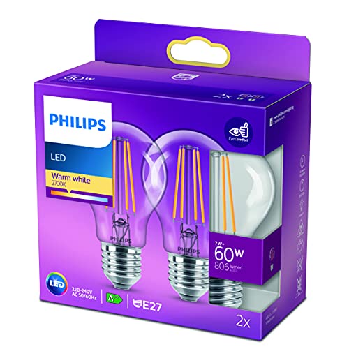 Philips Lampadina LED Goccia Filamento, 2 pz, 7W, attacco E27, Luce Bianca Calda, non dimmerabile