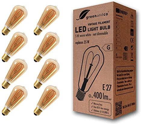 greenandco 8x Lampadina a filamento LED Vintage E27 ST64 5W (equivalente a 35W) 400lm 2000K (bianco caldo) 360° 230V AC Vetro, nessun sfarfallio, non dimmerabile