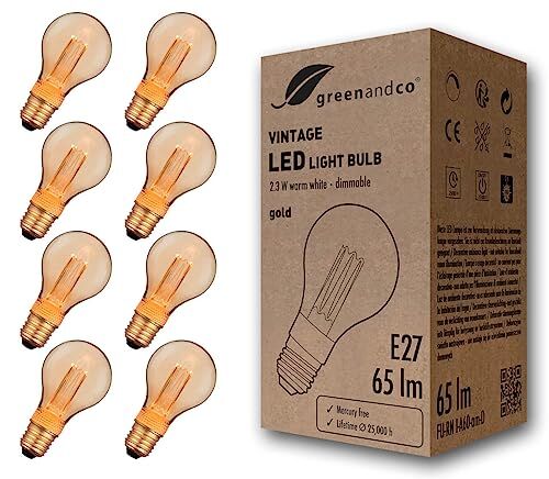 greenandco 8x lampadina a LED dimmerabile di design vintage in stile retrò E27 A60 2,3W 65lm 1800K 320° 230V, ambra, nessun sfarfallio