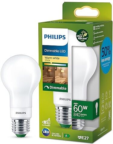 Philips LED Lampadina a Goccia Smerigliata Classe A Efficent, 60W, E27, Luce Bianca Calda