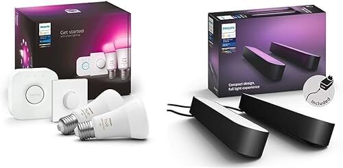 Philips White & Color Ambiance Starter Kit 2 Lampadine Smart, Attacco E27, 9W, Hue Bridge e Telecomando Smart Button inclusi White and Color Ambiance Lampada da Tavolo LED Smart Play