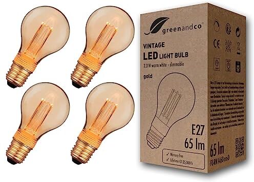 greenandco 4x lampadina a LED dimmerabile di design vintage in stile retrò E27 A60 2,3W 65lm 1800K 320° 230V, ambra, nessun sfarfallio