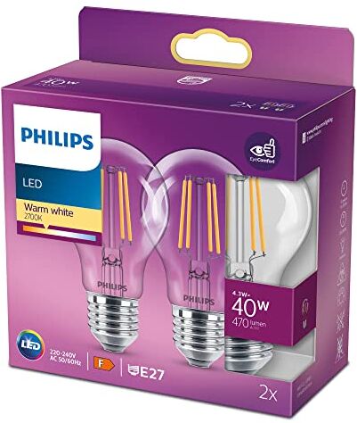 Philips LED Lampadina a Goccia Filamento, 2 Pezzi, Equivalente a 40W, E27, Luce Bianca Calda