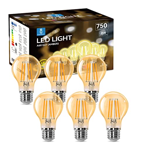 Aigostar Lampadina Vintage Edison LED E27 8W Equivalenti a 57W, Luce Calda 2200K, 750Lm, CRI＞80, A60 Stile Vintage Lampadine Decorativo, Non Dimmerabile, Pacco da 6 Pezzi