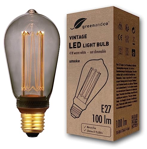 greenandco ® lampadina a LED di design vintage in stile retrò E27 ST64 4W 100lm 1800K 320° 230V, grigio fumo, nessun sfarfallio, non dimmerabile