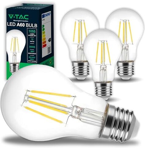 V-TAC 4x Lampadina LED a Filamento con Attacco E27 10W (Equivalenti a 75W) A60-1055 Lumen 4 Lampadine LED Massima Efficienza e Risparmio Energetico 3000K Luce Bianca Calda