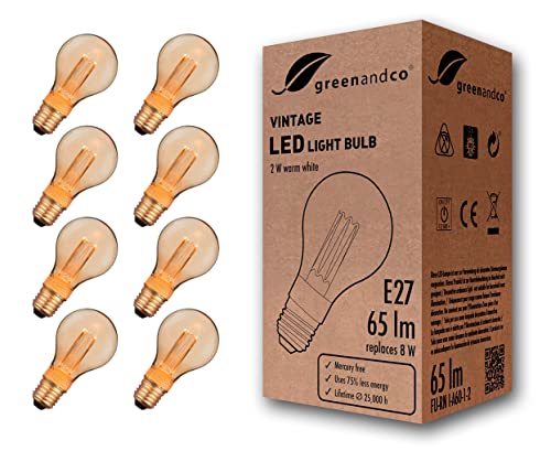 greenandco 8x lampadina a LED di design vintage in stile retrò E27 A60 2W 65lm 1800K 320° 230V, ambra, nessun sfarfallio, non dimmerabile