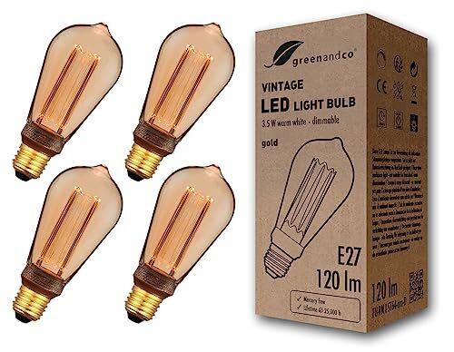 greenandco 4x lampadina a LED dimmerabile di design vintage in stile retrò E27 ST64 3,5W 120lm 1800K 320° 230V, ambra, nessun sfarfallio