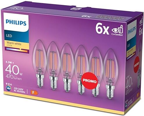 Philips Lampadina LED Oliva Filamento, 6 Pezzi, Equivalente a 40W, Attacco E14, Luce Bianca Calda, non Dimmerabile