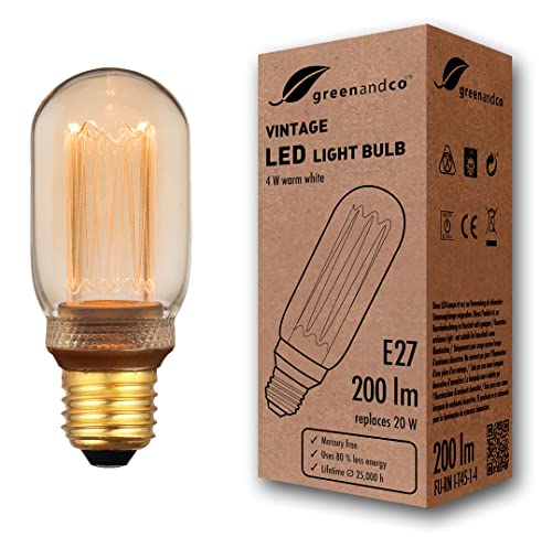 greenandco ® lampadina a LED di design vintage in stile retrò E27 T45 4W 200lm 1800K 320° 230V, ambra, nessun sfarfallio, non dimmerabile