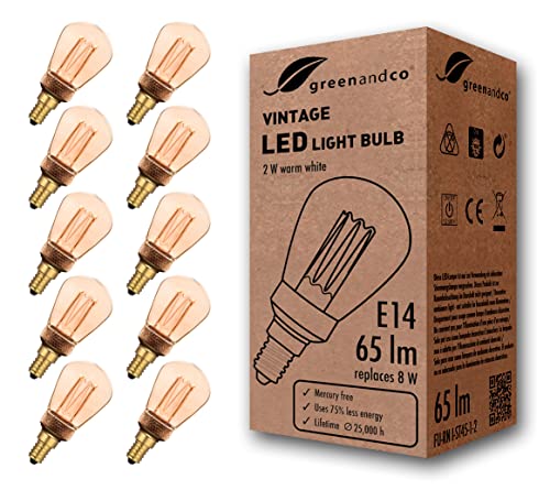 greenandco 10x lampadina a LED di design vintage in stile retrò E14 ST45 2W 65lm 1800K 320° 230V, ambra, nessun sfarfallio, non dimmerabile