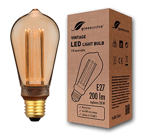 greenandco ® lampadina a LED di design vintage in stile retrò E27 ST64 4W 200lm 1800K 320° 230V, ambra, nessun sfarfallio, non dimmerabile