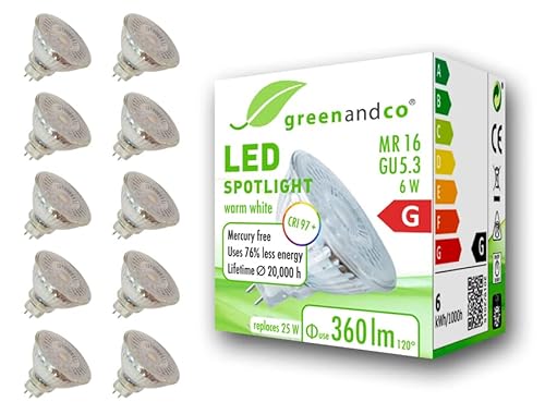 greenandco 10x Spot a LED IRC 97+ 2700K 110° GU5.3 MR16 6W (equivalente spot alogeni 25W) 360lm (bianco caldo) SMD LED 12V AC/DC vetro, non dimmerabile