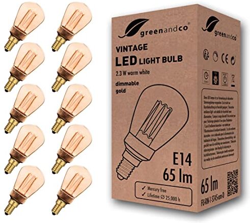 greenandco 10x lampadina a LED dimmerabile di design vintage in stile retrò E14 ST45 2,3W 65lm 1800K 320° 230V, ambra, nessun sfarfallio