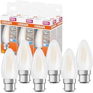 OSRAM Lampada a LED B40 a stella LED per base B22D, forma di candela, gl fr, 470 lumen, bianco freddo, 4000k, sostituzione per lampadine da 40w convenzionali, non dimmerabile, pacchetto da 6 OSRAM Lampada a LED B40 a stella LED per base B22D, forma di candela, gl fr, 470 lumen, bianco freddo, 4000k, sostituzione per lampadine da 40w convenzionali, non dimmerabile, pacchetto da 6