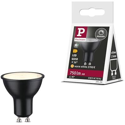 Paulmann Riflettore LED standard 230V GU10 750lm 8W 2700K dimmerabile nero opaco 36° lampadina RAL9004 Paulmann Riflettore LED standard 230V GU10 750lm 8W 2700K dimmerabile nero opaco 36° lampadina RAL9004